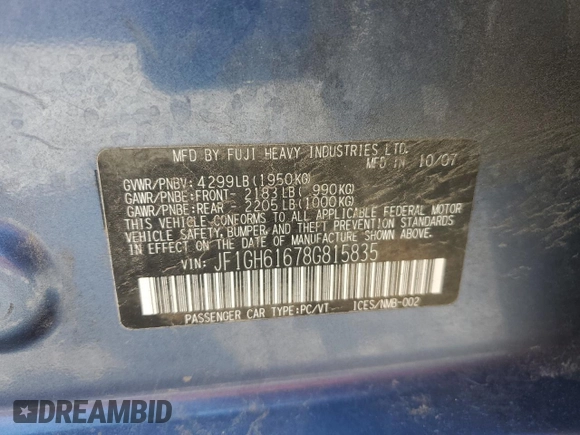 2008 Subaru Impreza i with VIN JF1GH61678G815835, listed as a Copart auction lot 64501895 with 236,406 mi miles and Clean title. Bid and sale history available at DreamBid. Image 12.