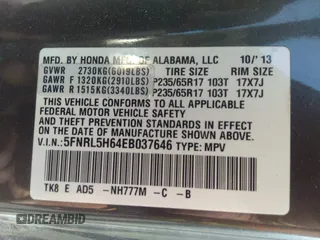 2014 Honda Odyssey EX-L with VIN 5FNRL5H64EB037646, listed as a IAAI auction lot 41786768 with 116,491 mi miles and . Bid and sale history available at carsss.com. Image 9.