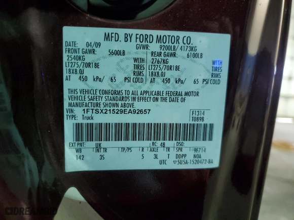 2009 Ford Super Duty F-250 SRW XL with VIN 1FTSX21529EA92657, listed as a Copart auction lot 82680064 with 143,248 mi miles and Clean Title. Bid and sale history available at carsss.com. Image 12.