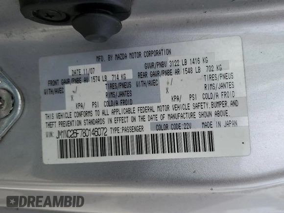 2008 Mazda MX-5 Miata Touring with VIN JM1NC26F780146072, listed as a Copart auction lot 65602695 with 124,607 mi miles and Salvage title. Bid and sale history available at DreamBid. Image 13.