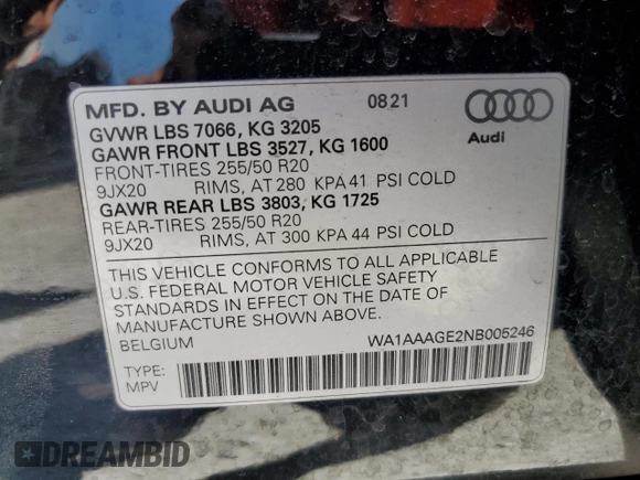 2022 Audi e-tron Premium with VIN WA1AAAGE2NB005246, listed as a Copart auction lot 56534103 with 26,794 mi miles. Bid and sale history available at carsss.com. Image 13.