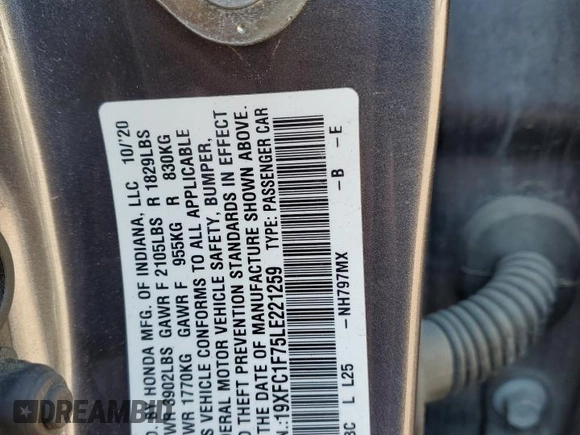 2020 Honda Civic Sedan EX-L with VIN 19XFC1F75LE221259, listed as a Copart auction lot 44887075 with 143,112 mi miles and Salvage Title. Bid and sale history available at carsss.com. Image 14.
