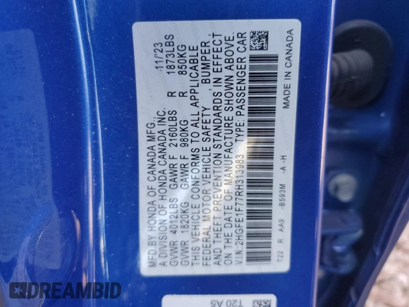 2024 Honda Civic Sedan EX with VIN 2HGFE1F77RH313983, listed as a Copart auction lot 45407325 with 0 mi miles and Salvage Title. Bid and sale history available at carsss.com. Image 12.