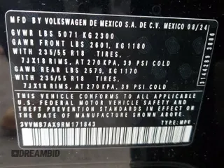 2024 Volkswagen Tiguan SE с VIN 3VVMB7AX9RM171843, выставлен на аукционе Copart как лот 56198695 с пробегом 6 933 миль миль и Списание • Salvage title. История ставок и продаж доступна на DreamBid. Изображение 13.