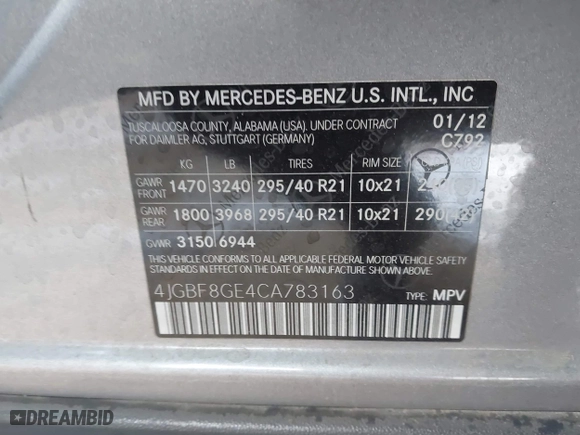 2012 Mercedes-Benz GL-Class GL 550 with VIN 4JGBF8GE4CA783163, listed as a IAAI auction lot 41756700 with 220,571 mi miles. Bid and sale history available at carsss.com. Image 9.
