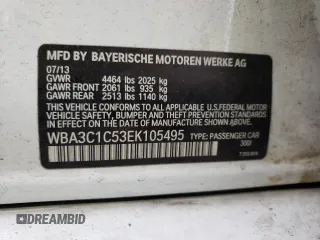 2014 BMW 3 Series 328i with VIN WBA3C1C53EK105495, listed as a Copart auction lot 52176255 with 154,122 mi miles and Salvage Title. Bid and sale history available at carsss.com. Image 12.