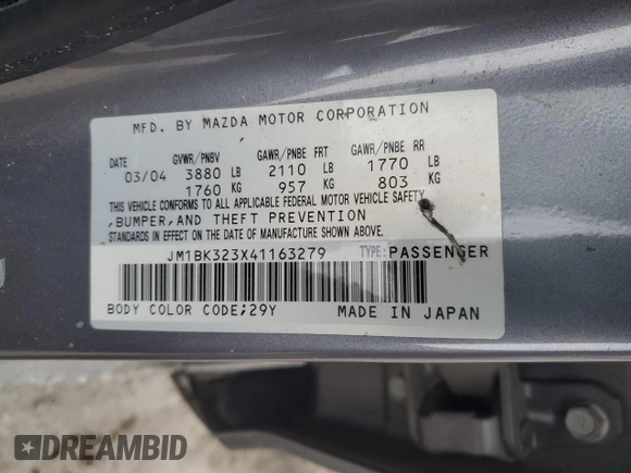 2004 Mazda 3 s with VIN JM1BK323X41163279, listed as a Copart auction lot 88756245 with 163,862 mi miles and Salvage Title. Bid and sale history available at DreamBid. Image 14.