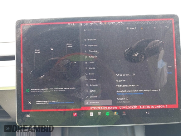 2023 Tesla Model 3 with VIN 5YJ3E1EA8PF454210, listed as a IAAI auction lot 42326822 with 43,200 mi miles and . Bid and sale history available at DreamBid. Image 19.