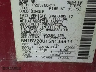 2005 Nissan Quest with VIN 5N1BV28U15N138844, listed as a IAAI auction lot 42005350 with 187,244 mi miles. Bid and sale history available at carsss.com. Image 9.