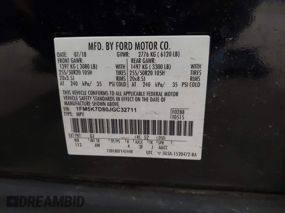 2018 Ford Explorer XLT with VIN 1FM5K7D80JGC32711, listed as a IAAI auction lot 42425696 with 174,863 mi miles and . Bid and sale history available at DreamBid. Image 9.