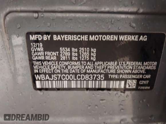 2020 BMW 5 Series M550i xDrive with VIN WBAJS7C00LCD83735, listed as a IAAI auction lot 41478682 with 39,299 mi miles and . Bid and sale history available at DreamBid. Image 9.