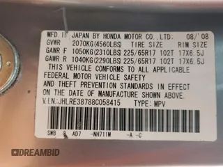 2008 Honda CR-V EX-L with VIN JHLRE38788C058415, listed as a Copart auction lot 54017785 with 164,132 mi miles and Salvage Title. Bid and sale history available at carsss.com. Image 13.