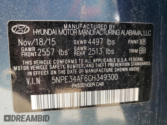 2016 Hyundai Sonata Sport with VIN 5NPE34AF6GH349300, listed as a Copart auction lot 49440105 with 97,571 mi miles and Salvage Title. Bid and sale history available at carsss.com. Image 12.