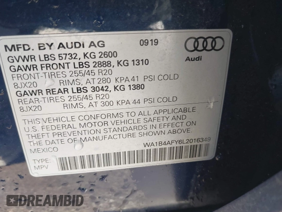 2020 Audi SQ5 Premium Plus with VIN WA1B4AFY6L2016349, listed as a IAAI auction lot 41318772 with 42,124 mi miles and . Bid and sale history available at DreamBid. Image 9.