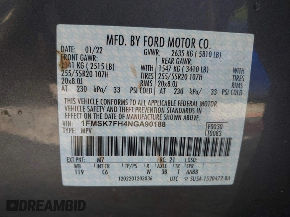 2022 Ford Explorer Limited с VIN 1FMSK7FH4NGA90188, выставлен на аукционе IAAI как лот 42312649 с пробегом 34 287 миль миль и . История ставок и продаж доступна на DreamBid. Изображение 9.