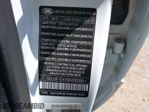 2011 Land Rover Range Rover SC with VIN SALMF1E47BA336395, listed as a IAAI auction lot 42532090 with 62,690 mi miles and . Bid and sale history available at DreamBid. Image 9.