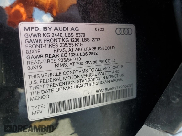 2023 Audi Q5 Premium Plus with VIN WA1BBAFY1P2004265, listed as a Copart auction lot 56479045 with 25,386 mi miles and Salvage title. Bid and sale history available at DreamBid. Image 13.