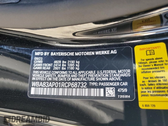 2024 BMW 4 Series M440i with VIN WBA83AP01RCP68732, listed as a Copart auction lot 69633904 with 0 mi miles and Salvage Title. Bid and sale history available at carsss.com. Image 12.