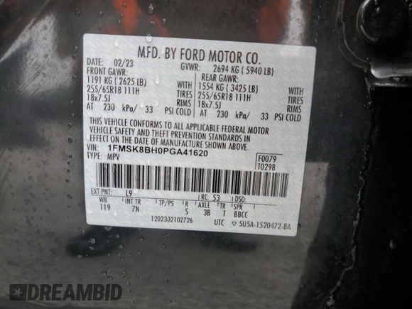 2023 Ford Explorer with VIN 1FMSK8BH0PGA41620, listed as a Copart auction lot 84024124 with 80,028 mi miles and Clean title. Bid and sale history available at DreamBid. Image 13.