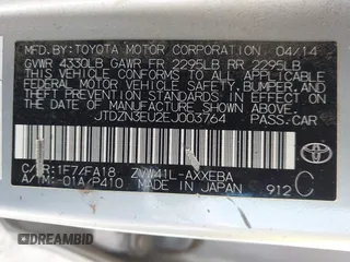 2014 Toyota Prius Two with VIN JTDZN3EU2EJ003764, listed as a IAAI auction lot 42018435 with 266,251 mi miles and . Bid and sale history available at DreamBid. Image 9.