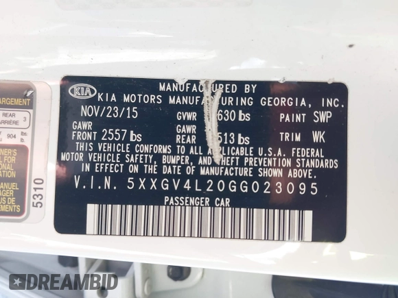 2016 Kia Optima SXL Turbo with VIN 5XXGV4L20GG023095, listed as a IAAI auction lot 41580598 with 155,002 mi miles. Bid and sale history available at carsss.com. Image 9.