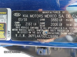 2018 Kia Forte LX with VIN 3KPFL4A79JE226986, listed as a IAAI auction lot 42090225 with 124,133 mi miles and . Bid and sale history available at DreamBid. Image 9.