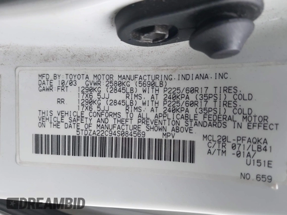 2004 Toyota Sienna XLE with VIN 5TDZA22C94S084569, listed as a IAAI auction lot 41482040 with 210,157 mi miles and . Bid and sale history available at DreamBid. Image 9.
