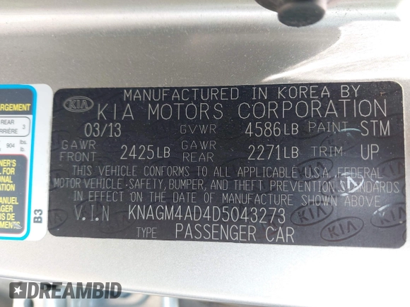 2013 Kia Optima EX z VIN KNAGM4AD4D5043273, wystawiony jako IAAI lot #42305727 z przebiegiem 153 358 mil mil oraz . Historia ofert i sprzedaży dostępna na DreamBid. Obrazek 9.
