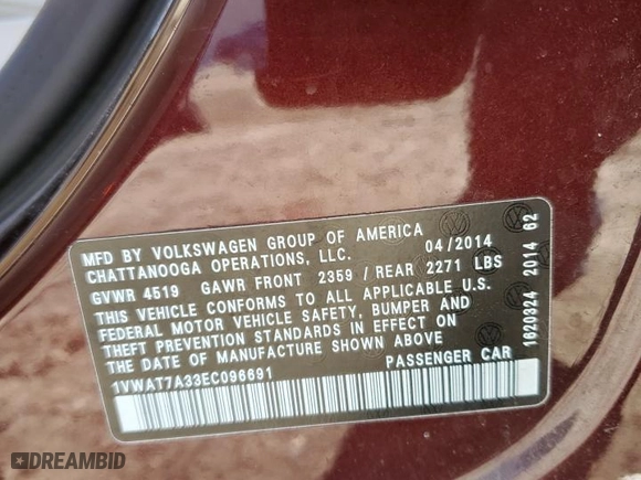 2014 Volkswagen Passat Wolfsburg Ed with VIN 1VWAT7A33EC096691, listed as a Copart auction lot 46219345 with 197,679 mi miles and Salvage Title. Bid and sale history available at carsss.com. Image 12.