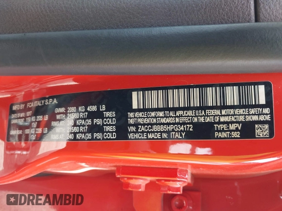 2017 Jeep Renegade Altitude z VIN ZACCJBBB5HPG34172, wystawiony jako IAAI lot #41790112 z przebiegiem 92 148 mil mil oraz . Historia ofert i sprzedaży dostępna na DreamBid. Obrazek 9.
