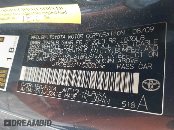2010 Scion tC z VIN JTKDE3B71A0307038, wystawiony jako IAAI lot #39720503 z przebiegiem 133 853 mil mil oraz . Historia ofert i sprzedaży dostępna na DreamBid. Obrazek 9.