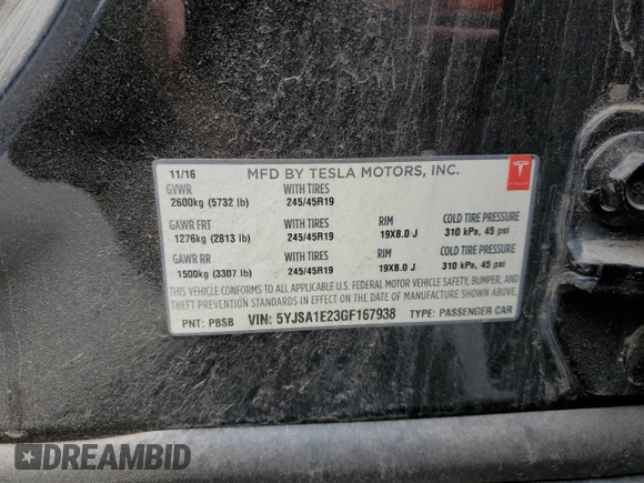2016 Tesla Model S 90D with VIN 5YJSA1E23GF167938, listed as a Copart auction lot 51703075 with Not provided miles and Salvage title. Bid and sale history available at DreamBid. Image 12.