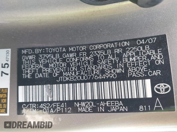 2007 Toyota Prius with VIN JTDKB20U077644990, listed as a IAAI auction lot 42676112 with 158,870 mi miles and . Bid and sale history available at DreamBid. Image 9.