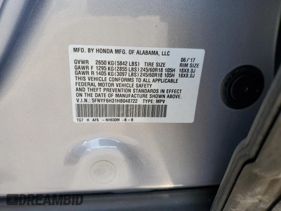 2017 Honda Pilot EX with VIN 5FNYF6H31HB048722, listed as a Copart auction lot 53606135 with 106,538 mi miles and Salvage Title. Bid and sale history available at DreamBid. Image 13.