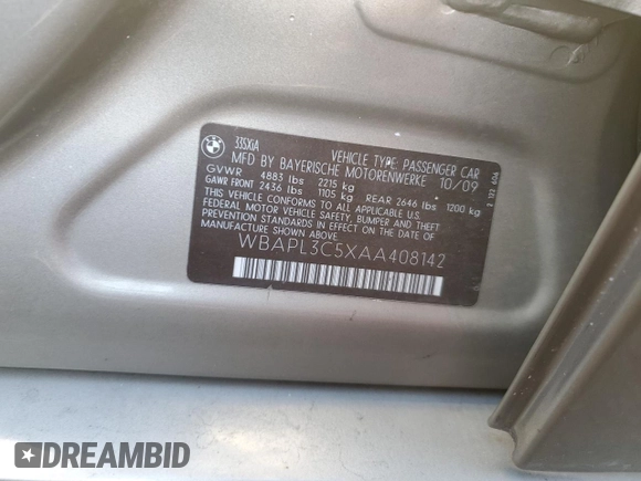 2010 BMW 3 Series 335i xDrive with VIN WBAPL3C5XAA408142, listed as a Copart auction lot 82908054 with 134,292 mi miles and Salvage title. Bid and sale history available at DreamBid. Image 12.