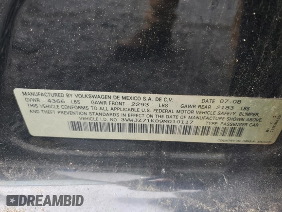 2009 Volkswagen Jetta S z VIN 3VWJZ71K09M010117, wystawiony jako Copart lot #56309165 z przebiegiem 181 692 mil mil oraz Szkoda całkowita • Salvage title. Historia ofert i sprzedaży dostępna na DreamBid. Obrazek 12.