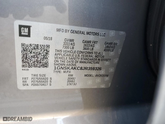 2018 Chevrolet Tahoe LS with VIN 1GNSKAKC8JR359326, listed as a Copart auction lot 85309874 with 88,708 mi miles and Salvage Title. Bid and sale history available at carsss.com. Image 13.