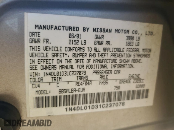 2001 Nissan Altima GXE with VIN 1N4DL01D31C237078, listed as a Copart auction lot 79857194 with 211,952 mi miles and Salvage Title. Bid and sale history available at carsss.com. Image 13.