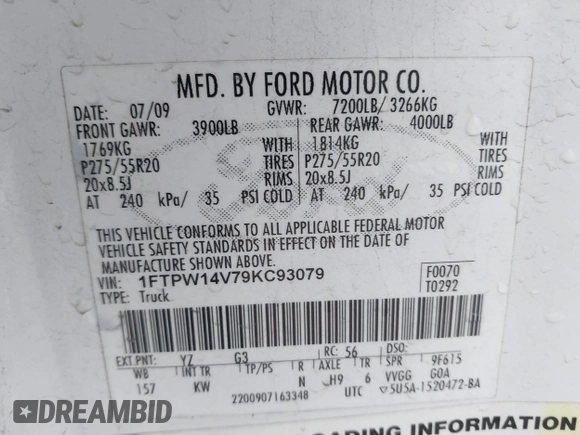 2009 Ford F-150 XL with VIN 1FTPW14V79KC93079, listed as a IAAI auction lot 41238612 with 175,052 mi miles. Bid and sale history available at carsss.com. Image 9.
