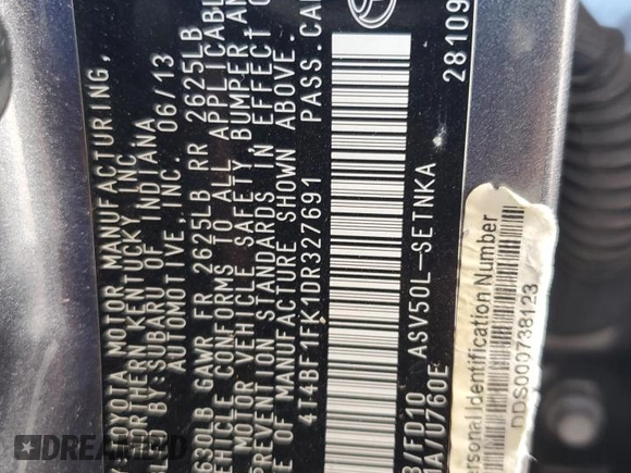 2013 Toyota Camry L with VIN 4T4BF1FK1DR327691, listed as a Copart auction lot 51871485 with 84,134 mi miles and Salvage Title. Bid and sale history available at carsss.com. Image 12.