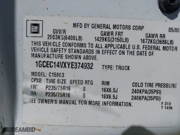 2000 Chevrolet Silverado 1500 with VIN 1GCEC14VXYE374932, listed as a IAAI auction lot 41981576 with 1 mi miles. Bid and sale history available at carsss.com. Image 9.