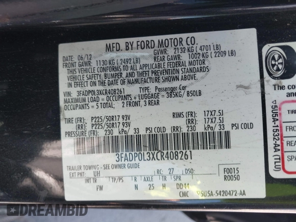2012 Ford Fusion Hybrid z VIN 3FADP0L3XCR408261, wystawiony jako IAAI lot #42781210 z przebiegiem 281 961 mil mil oraz . Historia ofert i sprzedaży dostępna na DreamBid. Obrazek 9.
