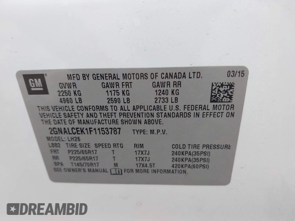 2015 Chevrolet Equinox LT with VIN 2GNALCEK1F1153787, listed as a IAAI auction lot 41891895 with 111,807 mi miles. Bid and sale history available at carsss.com. Image 9.