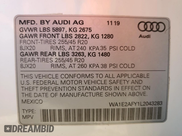 2020 Audi Q5 Premium Plus с VIN WA1E2AFY1L2043283, выставлен на аукционе Copart как лот 84798364 с пробегом 44 261 миль миль и Списание • Salvage title. История ставок и продаж доступна на DreamBid. Изображение 13.