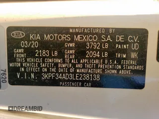 2020 Kia Forte GT-Line with VIN 3KPF34AD3LE238138, listed as a Copart auction lot 54013735 with 100,396 mi miles and Salvage Title. Bid and sale history available at DreamBid. Image 12.