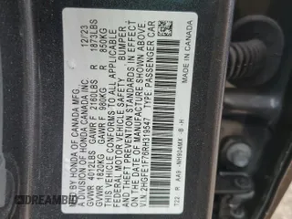 2024 Honda Civic EX z VIN 2HGFE1F76RH319547, wystawiony jako Copart lot #54358805 z przebiegiem 12 143 mil mil oraz Szkoda całkowita • Salvage title. Historia ofert i sprzedaży dostępna na DreamBid. Obrazek 12.