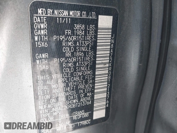 2011 Nissan Cube S z VIN JN8AZ2KR0BT213764, wystawiony jako IAAI lot #42471649 z przebiegiem 180 669 mil mil oraz . Historia ofert i sprzedaży dostępna na DreamBid. Obrazek 9.