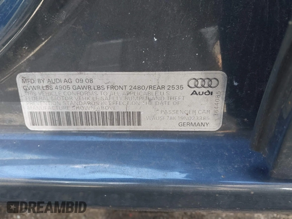 2009 Audi A4 2.0T Prem Plus with VIN WAUSF78K19N023385, listed as a IAAI auction lot 41756655 with 210,137 mi miles. Bid and sale history available at carsss.com. Image 9.