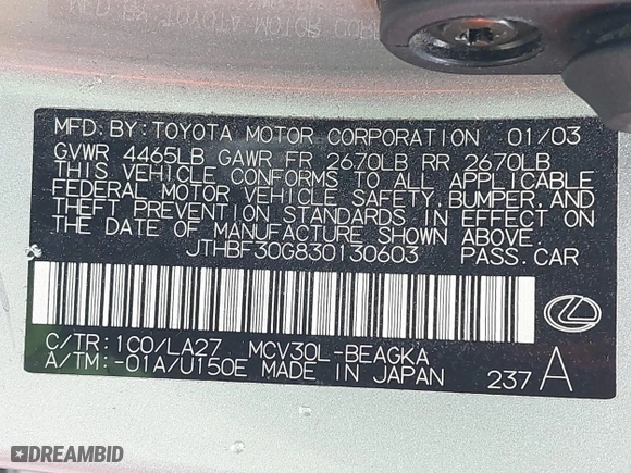 2003 Lexus ES 300 with VIN JTHBF30G830130603, listed as a IAAI auction lot 41849482 with 212,667 mi miles. Bid and sale history available at carsss.com. Image 9.
