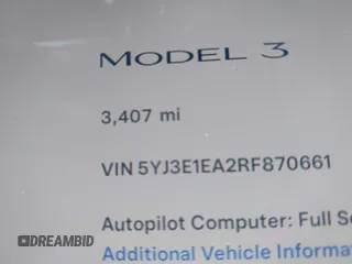 2024 Tesla Model 3 with VIN 5YJ3E1EA2RF870661, listed as a IAAI auction lot 41562281 with 3,407 mi miles. Bid and sale history available at carsss.com. Image 7.